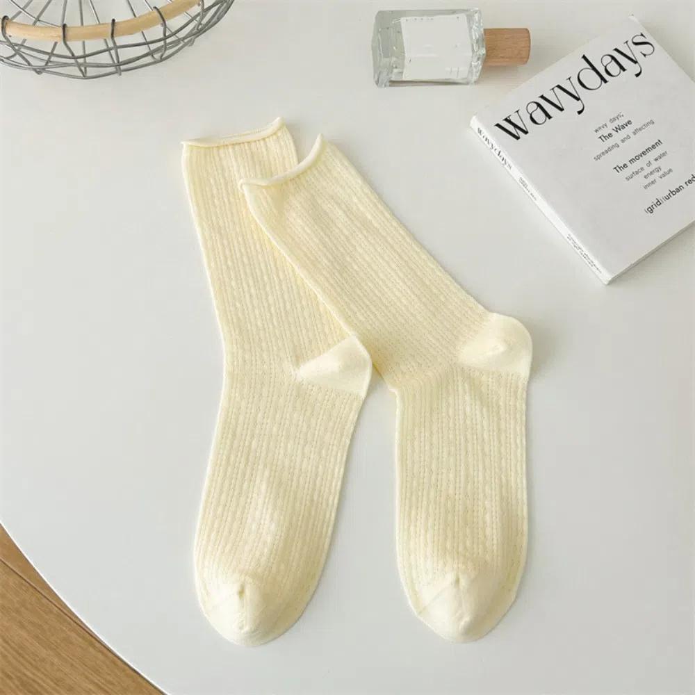 Candy Color Summer Socks Hollow Out Roll Edge Socks Sweet Long Socks  Women