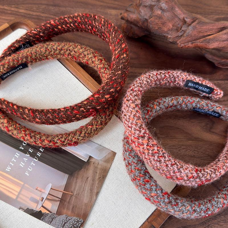 Winter Retro Red Mixed Color Woven Knitting Sponge Headbands for Women Fashion Temperament Hair Hoop Female New Year Hair Band