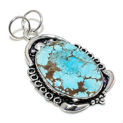 Anhänger aus 925er Sterlingsilber mit natürlichem tibetischen Türkis-Edelstein, 6,1 cm, t4U51