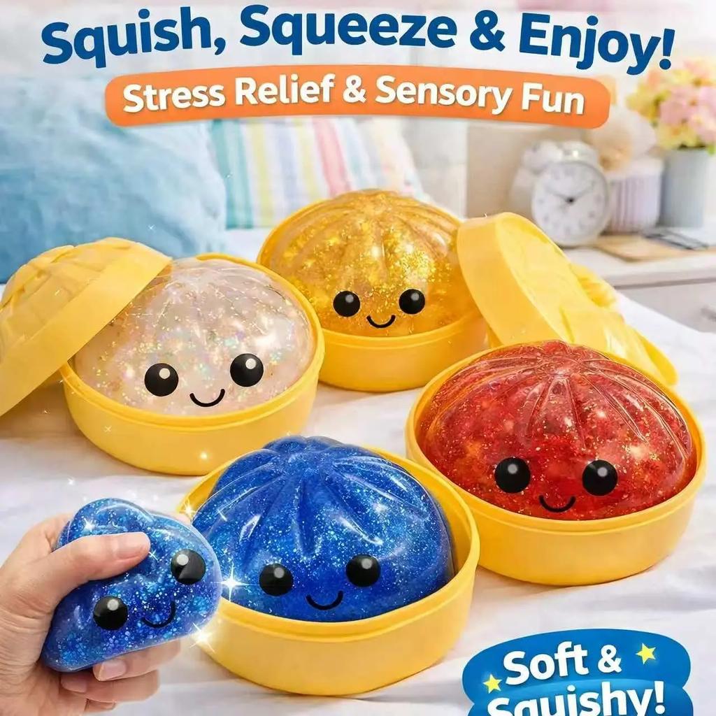 Steamed Bun Squeeze Toy Simulation Bao Stress Relief Fidget Toy with Beads Sparkles Soft Squishy Sensory Decompression Accessory