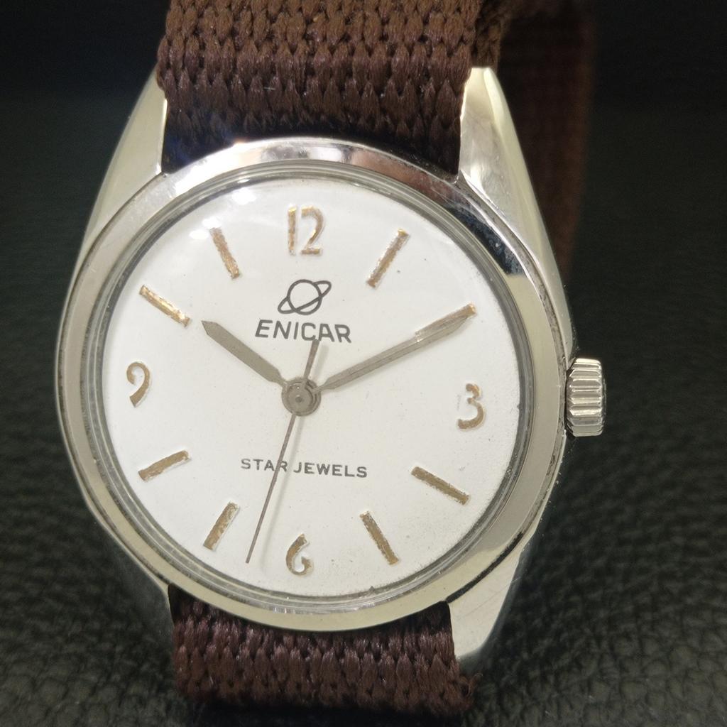 VINTAGE ENICAR STAR JEWELS HAND-WINDING SWISS MENS WHITE DIAL WATCH a703027-1 R212-a703027
