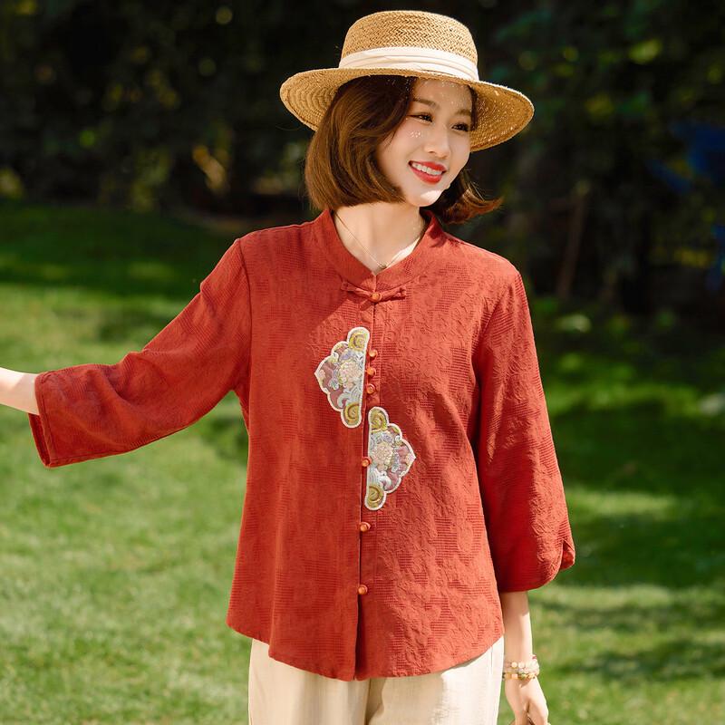 Qianlian Women's Ethnic Embroidered 3/4 Sleeve Cotton Top