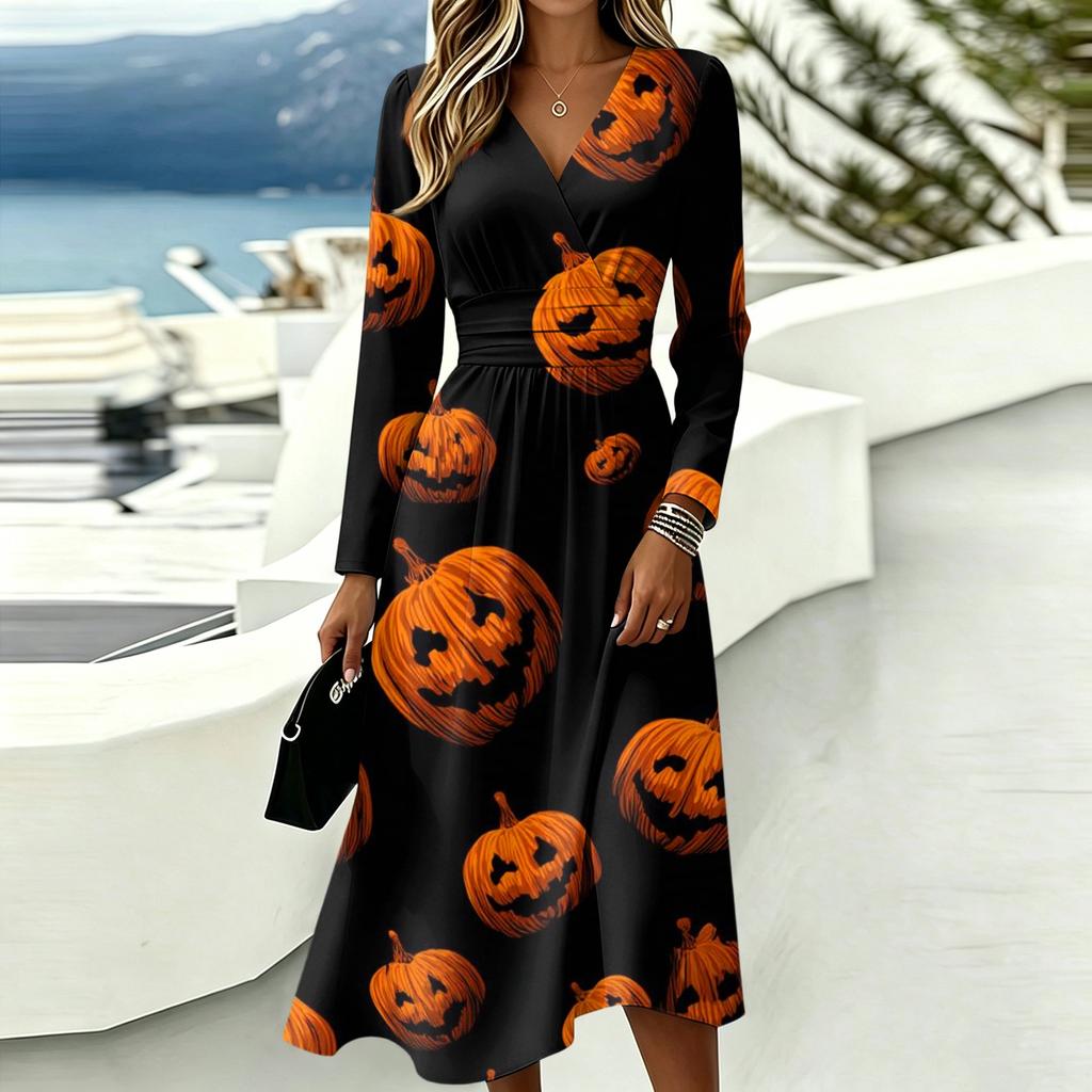 Women's Casual Halloween Print Long Sleeve V-Neck Dress with Pockets