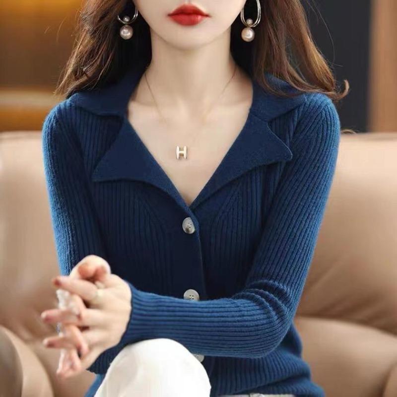 Spring and Autumn New Suit Collar Knitted Cardigan Women's Collar Short Bottom Sweater Jacket Knitted Sweater Outer