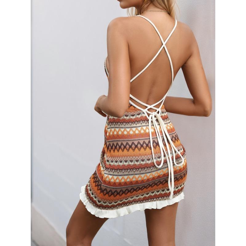 Elegante Vestido de Tirantes Multicolor Verano Cordón Fiesta de Vacaciones Vestido Corto Ajustado de Punto Dibujado Dulce y Picante Vestido Casual de Vacaciones para Mujer
