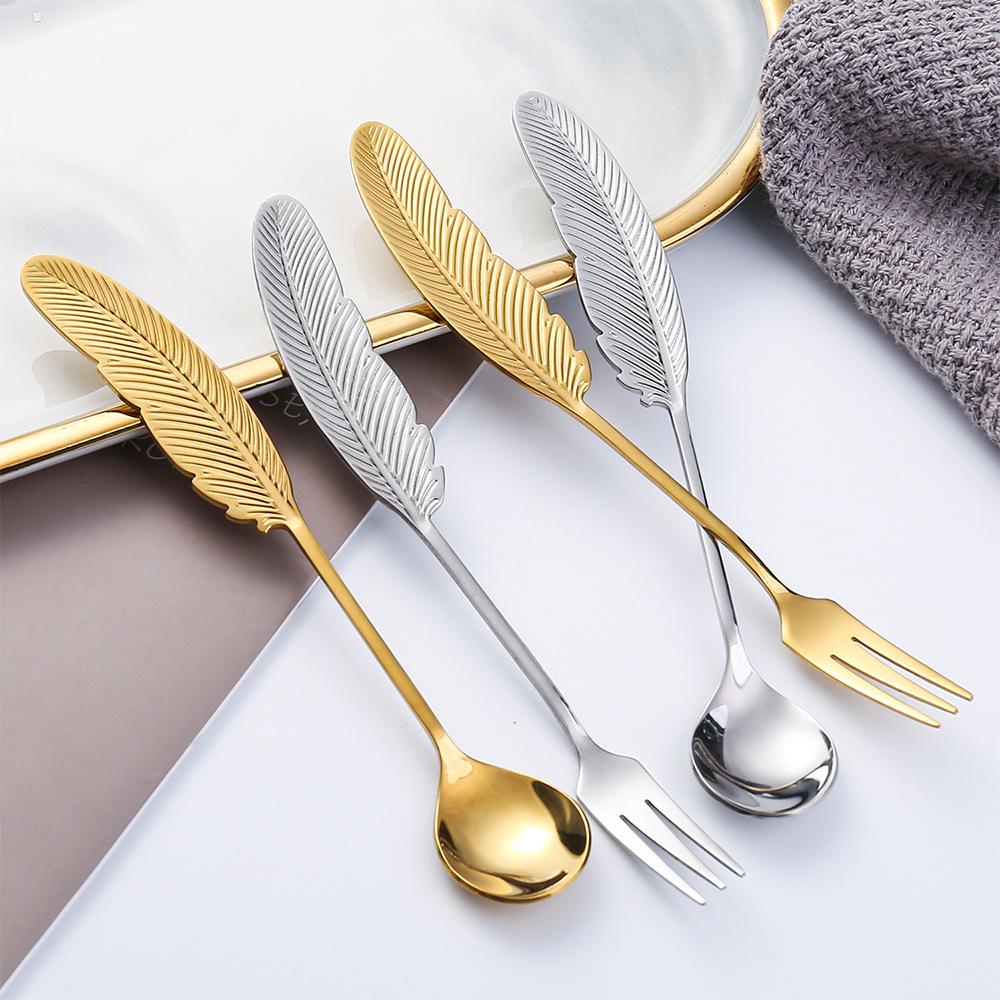 HANYANG Feather Spoon Golden 304 Stainless Steel Fruit Fork Literary Small Spoon Spoon Spoon Creative Tableware Colorful Feather Spoon
