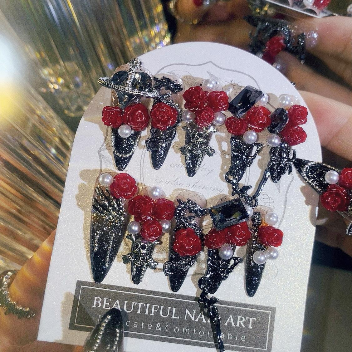 Heavy Industry Wear Nail Finished Handmade Advanced Nail Art Explosive Rose Goth Dark Fake Nail Patch E12