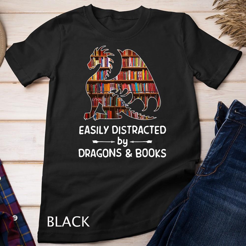 Easily Distracted by Dragon and Books Nerds T-Shirt Unisex T-shirt