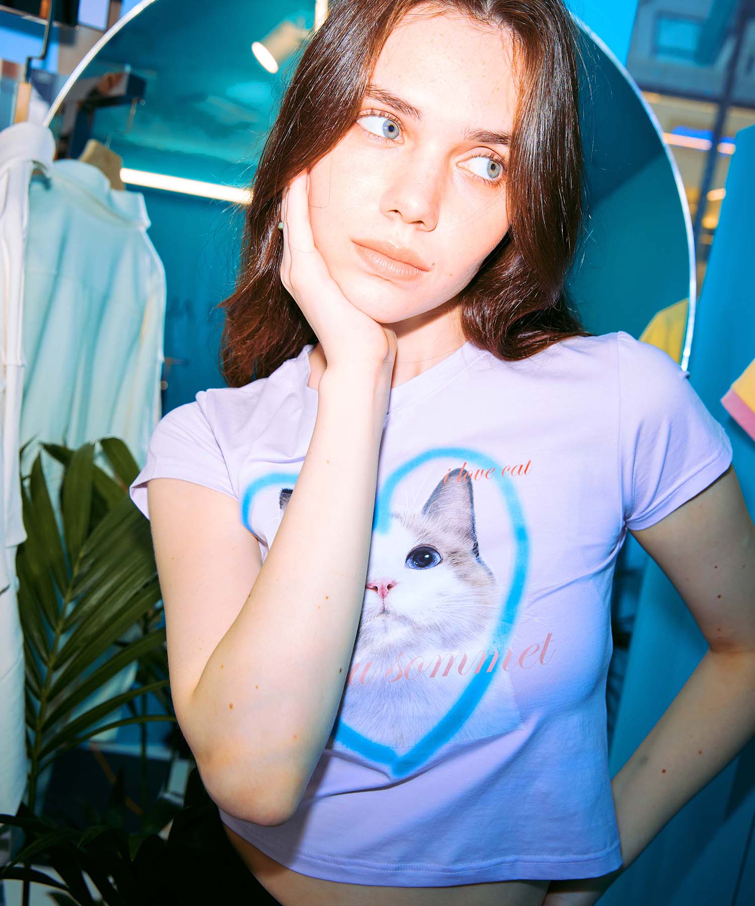 Etosome Heart Cat Face Half T-Shirt (Light Purple) 1 (Crop)