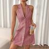 Women Sleeveless Halter Lapel Mini Dress, Blue White Vertical Striped Front Button Down Slim Fit Flared Hem Casual Shirt Dress