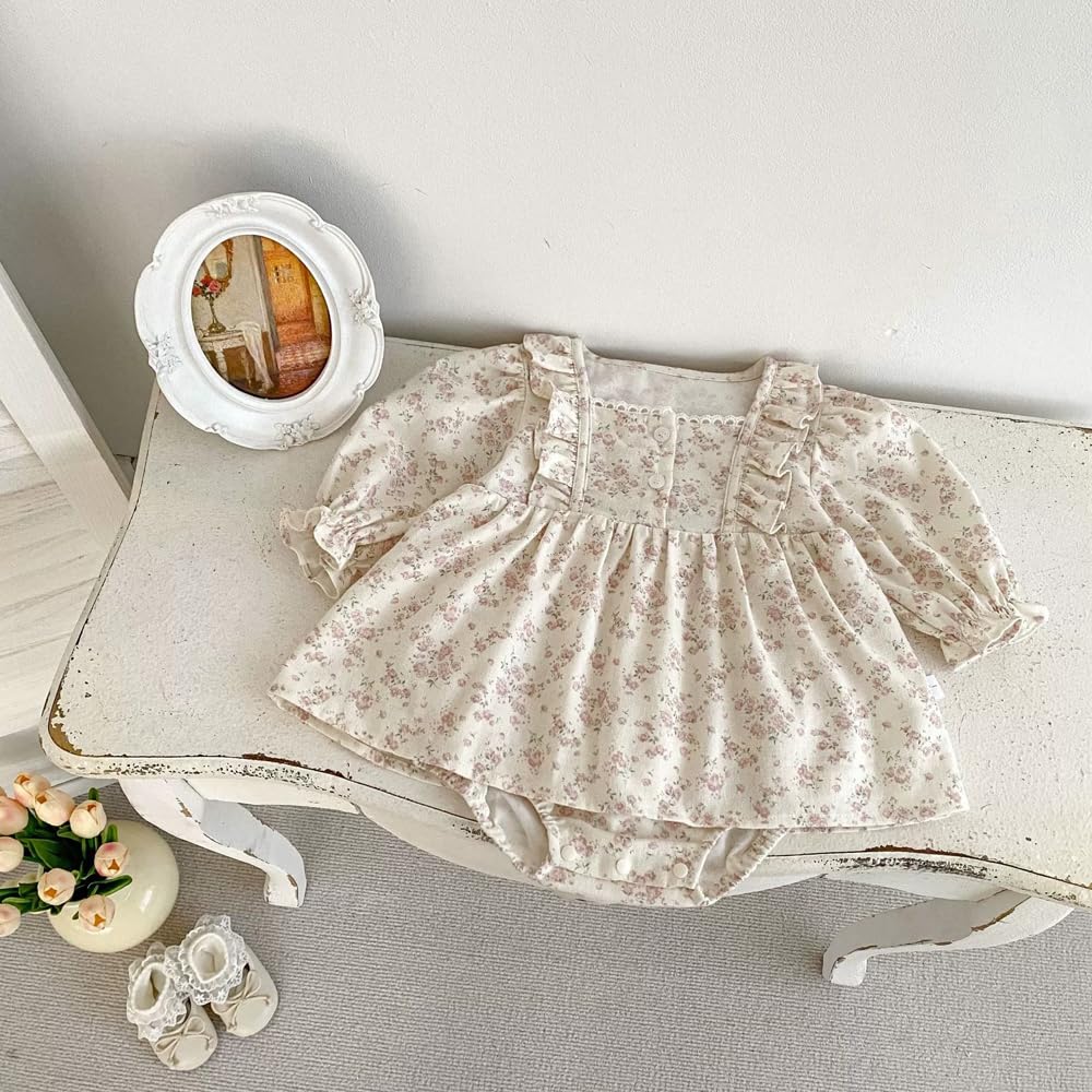 Baby Long Sleeve Skirted Birth Floral [Baby Koi] Clothes, Dress, Girls, Spring/autumn, Coverall, Baby, Preparation, Gift, Pattern, Beige, Pink, 6-9M