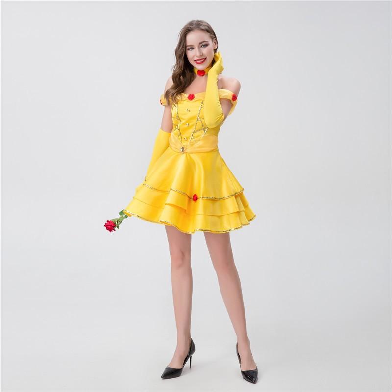 Halloween beautiful woman and beast bell princess skirt queen dress yellow bell princess dress costume