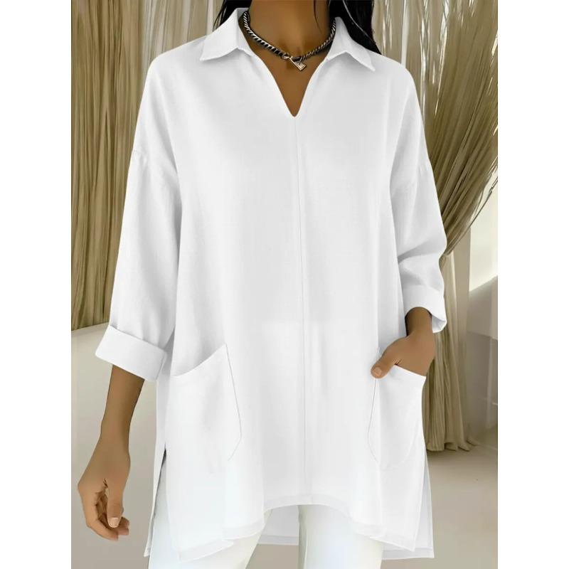 New Spring Women's Solid Color Simple and Versatile Loose Side Slit Mid-length Shirt