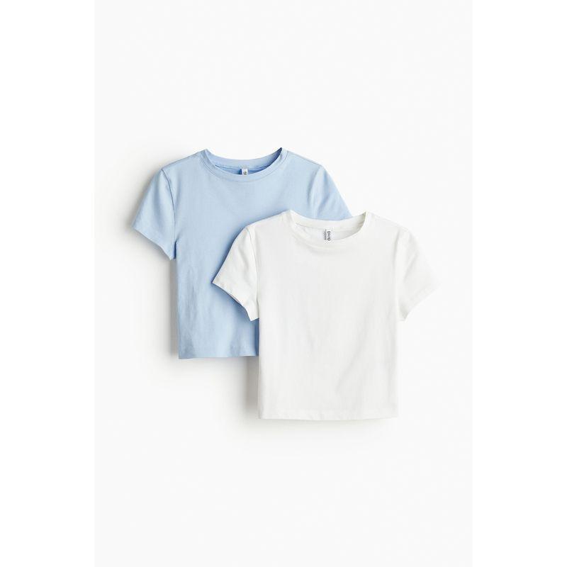 

HM Women s Autumn T-shirt 2 Pieces Soft Cotton Silm Plaid Women s Cropped Top 1141812 Light blue/white 155/76