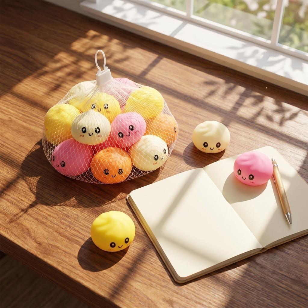 Toy Steamed Bun Stress Toy - 4cm Buns, 12 Pack Mixed Colors (Yellow,, Orange) in Mesh Bag