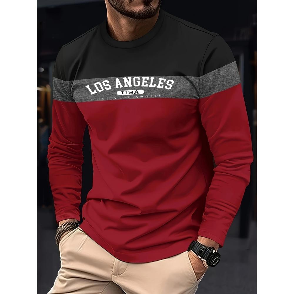 Autumn Fashion Men's Los Angeles Print Long Sleeve T-shirt Stripe Patchwork Casual Sweatshirts Sports Pullover Oversized Tops