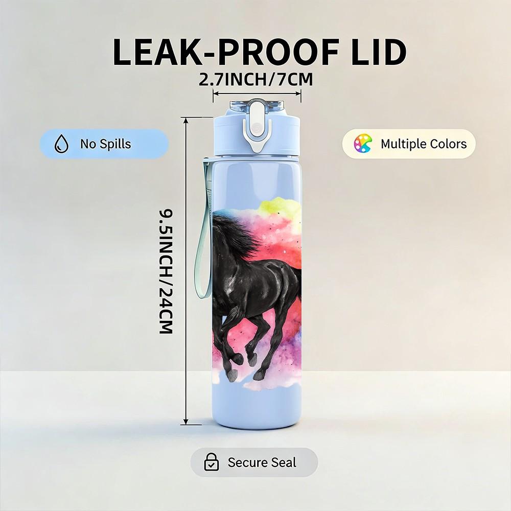 1PC Colorful Running Horse Art 750ml Color Plastic Sports Water Bottle Leakproof Flip Straw Lid Suitable for Sports Office Home Use