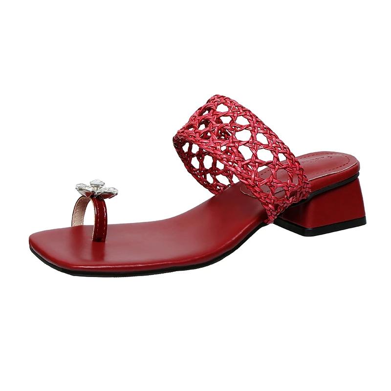 Fashion 2025 Summer Hot Sale Square-Toe Mid-Heel Thong Sandals Rhinestone Hollow Weave Dressy Outdoor Women's Classics Fashion Slippers