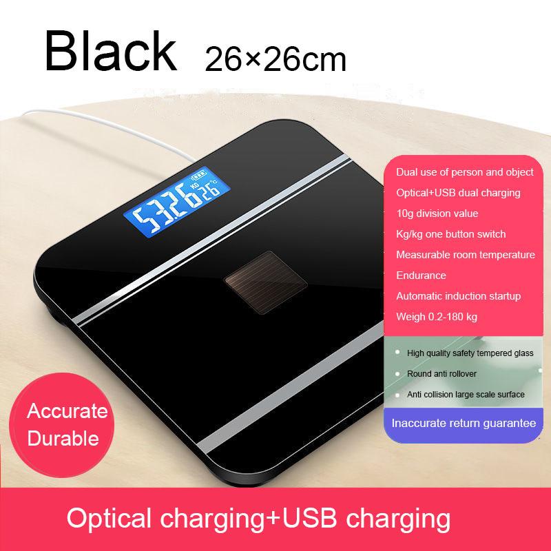 Digitale Waage Körpergewicht USB + optisches Aufladen Bluetooth Smart Wireless BMI Fettanalysator Badezimmer Mädchenschlafsaal tragbar