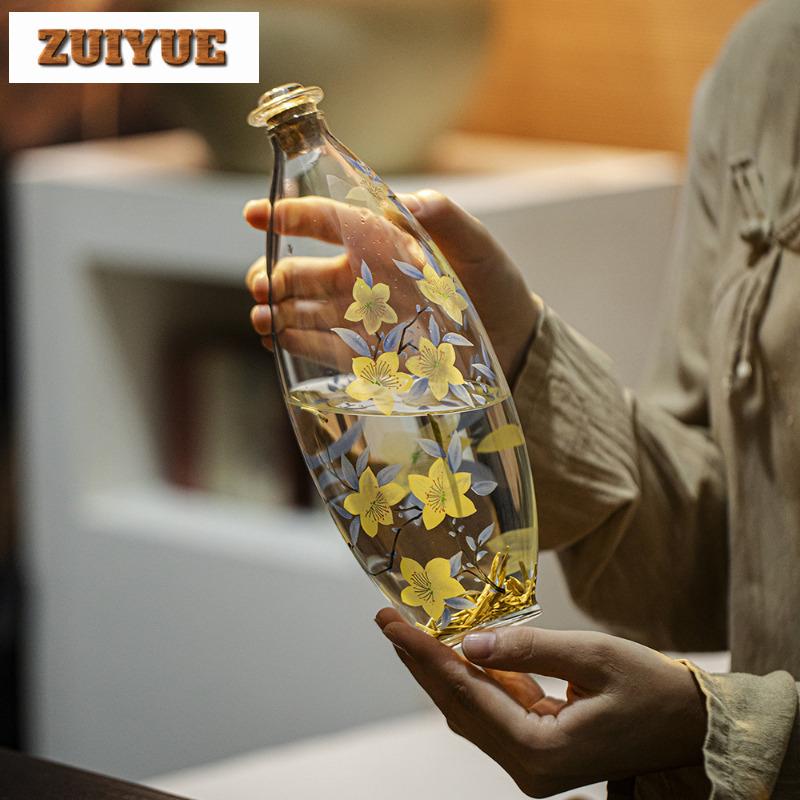 850ml Hand Painted Lily Glass Water Jug Heat-resistant Water Kettle Wine Beer Bottle Hot And Cold Water Pitcher Tea Services