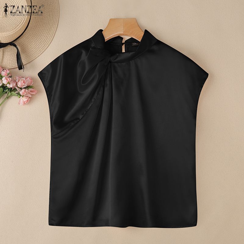 ZANZEA Elegant Women Casual Twisted Neck Sleeveless Satin Smooth Blouse