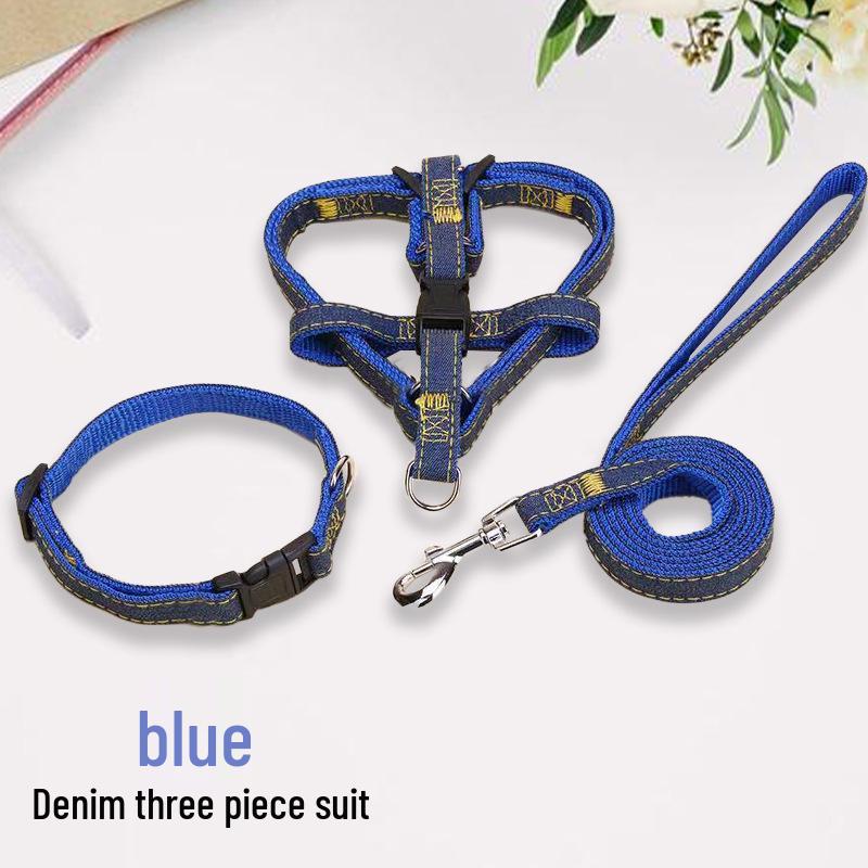 Denim Dog Leash and Harness Set with Teddy Chain for Small To Medium Dogs