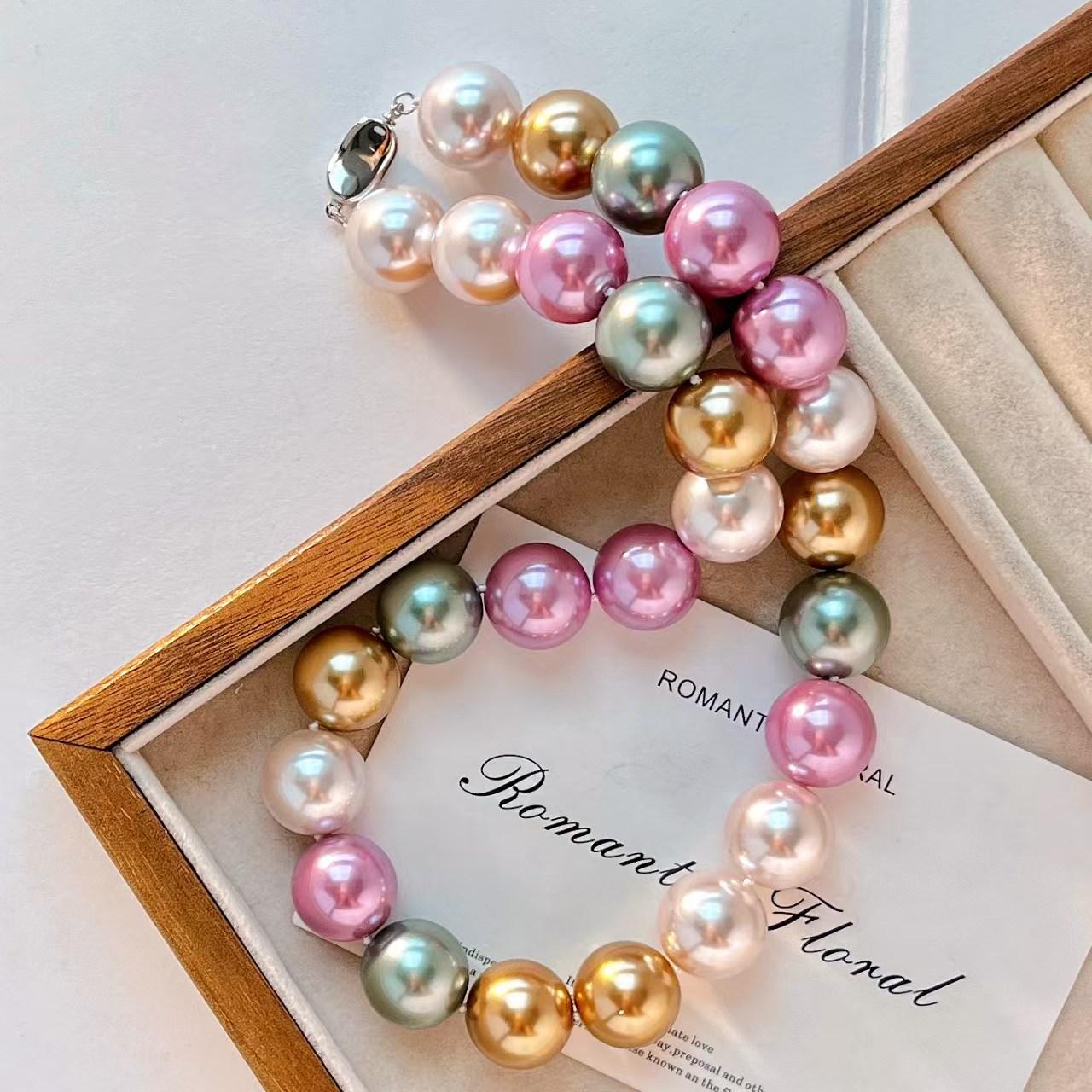 

Vintage 16Mm Large Granular Color Pink Coffee Artificial Crystal Pearl Necklace Clavicle