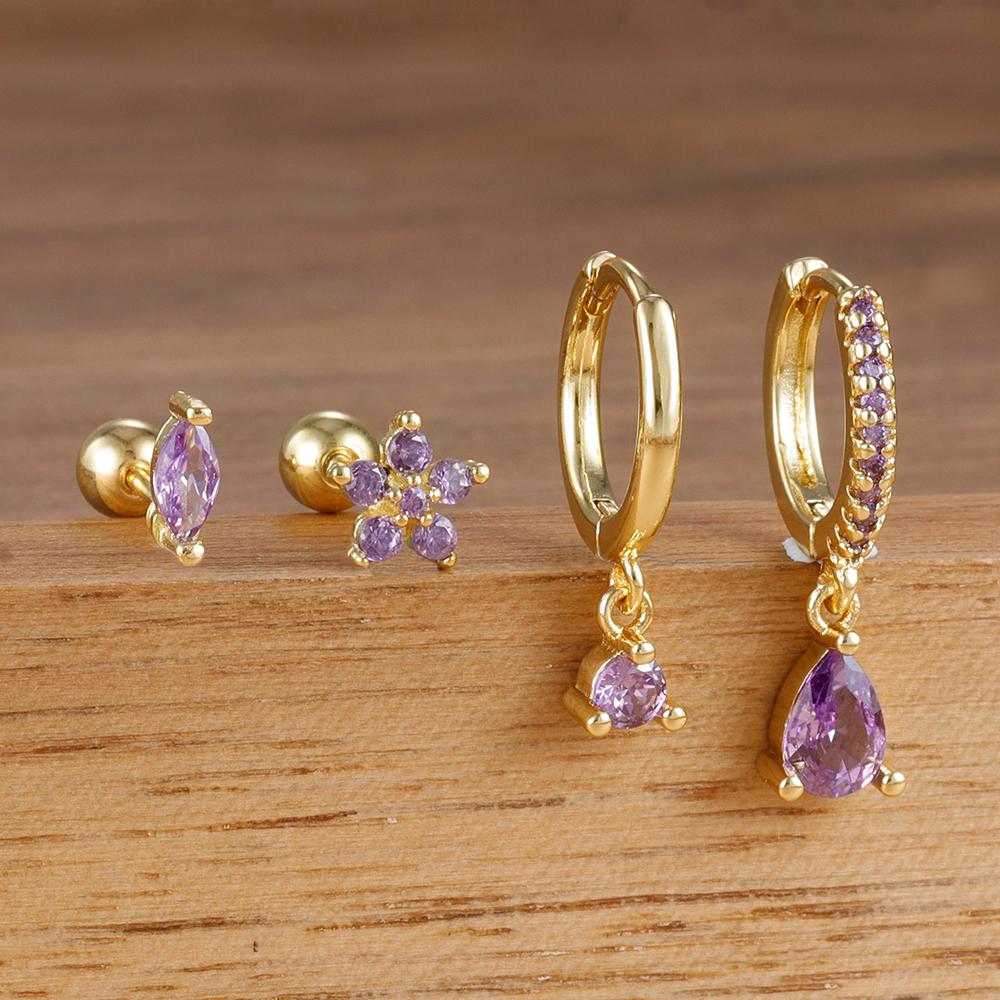 4PCS New Design Stainless Steel Water Drop Cubic Zirconia Dangle Earrings Set Flowers Horse Eyes Stud Piercing Earring Jewelry