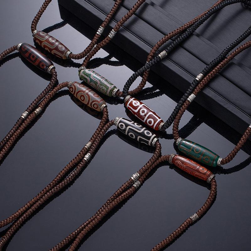 Collier Rétro Tibétain Rétractable Noir Et Blanc Neuf Yeux Perles Dzi Agate Pendentif Chaîne de Pull Style Ethnique Haut de Gamme pour Hommes Et Femmes