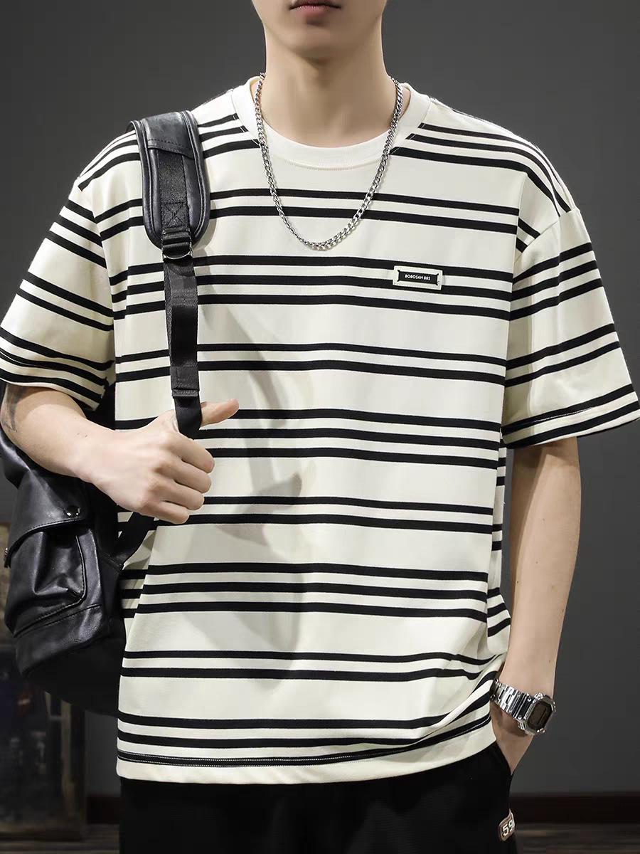 

Унисекс хлопковая полосатая повседневная футболка свободного кроя 2025 Double Extra Large