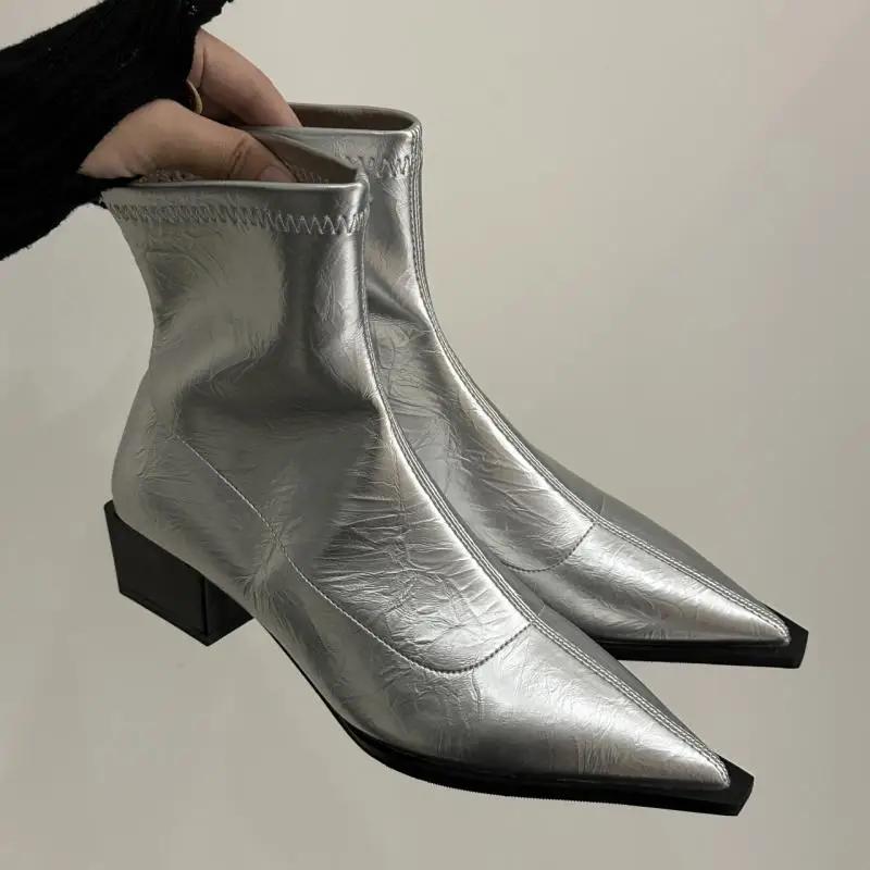 Fashion Sexy Pointed Toe Slip On Chelsea Boots Women 2025 Autumn Fashion Silver Square Medium Heel Ankle Boots Soft Elastic Pu Booties