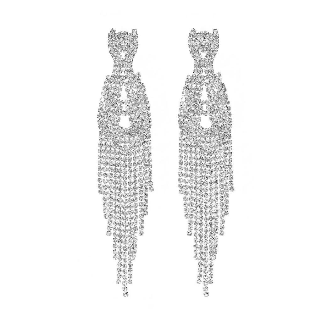 Luxury Rhinestone Tassel Clip-On Earrings for Women - Bridal Accessories