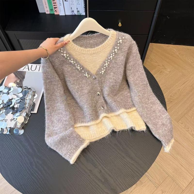 

Серый многослойный топ-двойка, женственный вязаный свитер, ленивый стиль, высококлассный дизайн, нишевый L абрикосовый