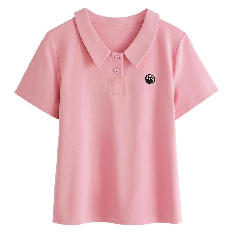 Dámské tričko French Sweet s vyšívaným polo výstřihem Růžová trička s předním ramenem, broskvový design s výšivkou, letní trička