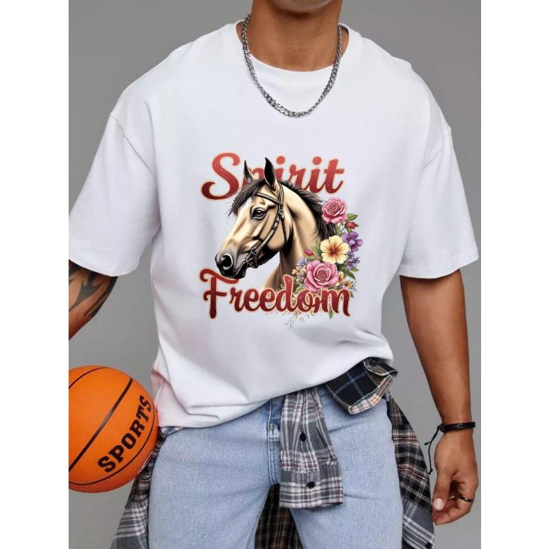 Spirit Freedom Horse Floral Print T Shirt White Casual Wear for Men and Women Outdoor Activities and Everyday Use