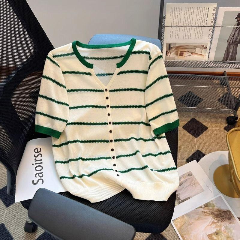 

Новая полосатая футболка с V-образным вырезом для женской летней моды с коротким рукавом, модный трикотажный топ из ледяного шелка 5XL зелёный