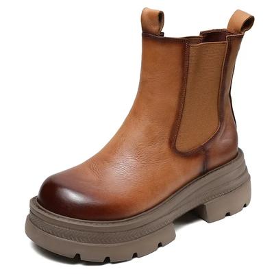 Modne 6 cm 2024 Nowe Luksusowe Designerskie Botki Chelsea Dla Kobiet Prawdziwa Skóra Bydlęca Szeroki Nosek Gruba Wysoka Platforma Wsuwane Botki do Połowy Łydki
