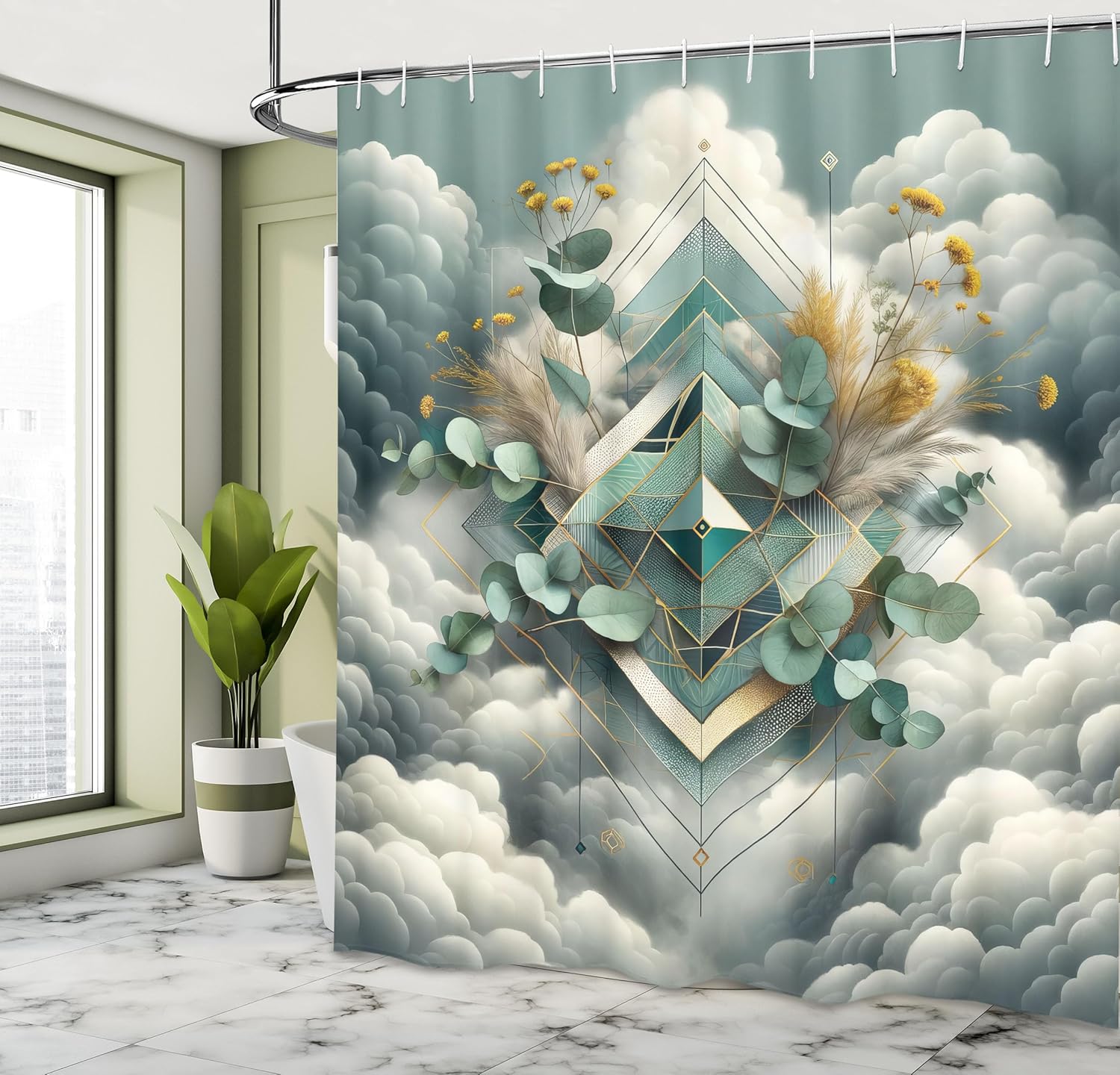 

Eucalyptus Leaves Shower Curtain, Rhomboid Shape With Botanical Blooms Leafs On Dreamy Clouds, Cloth Fabric Bathroom D W60H190(CM)-1 Pcs