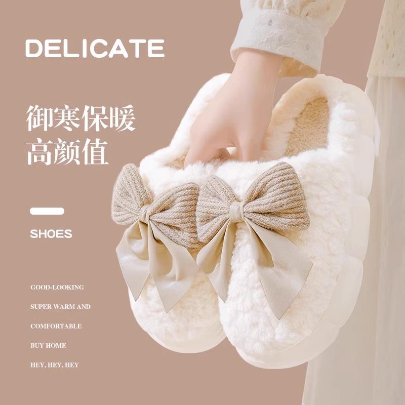 Fashion Woman Retro Fashion Bow Cotton Slippers Female Autumn Winter Indoor Home Slippers 2025 Warm Soft Plush Girls Cotton Footwear