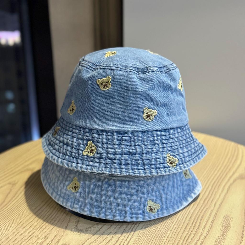 Cute Cartoon Spring and Autumn Embroidered Bear Unisex Denim Fisherman Hat Casual Versatile Sun Hat Sun Protection Hat