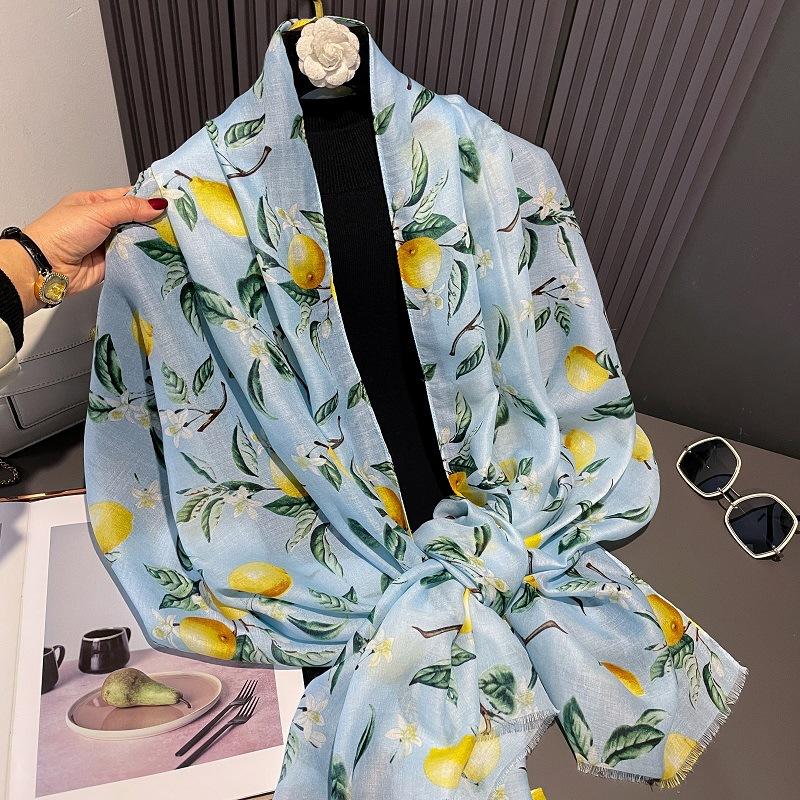 New Fashion Lemon Tree Floral Viscose Soft Scarf Boho Chic Thin Fringe Shawl Women Perfect for Travel & Casual Muslim Hijab