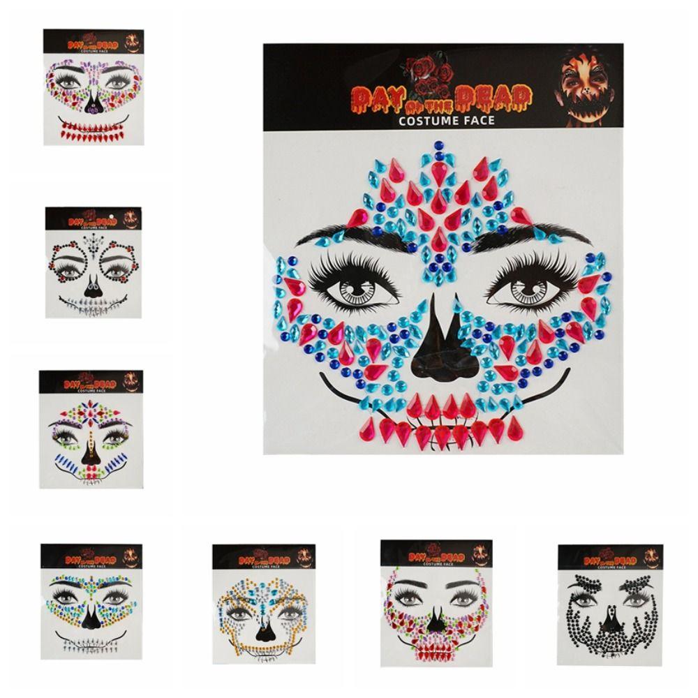 Funny Halloween Fake Tattoo DIY Skull Face Sticker Rhinestone Face Sticker  Day of The Dead