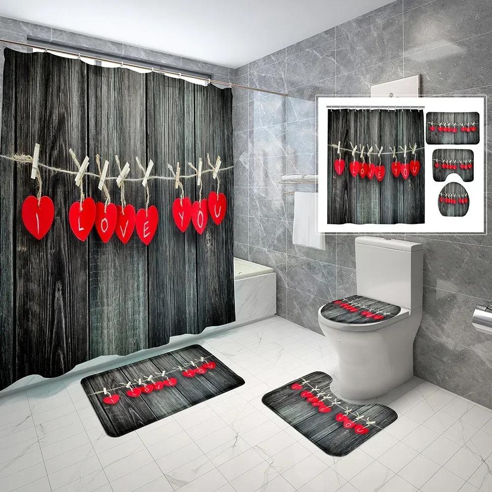 Set Tenda Doccia Rustica in Legno Marrone Stile Fattoria con Tappetini Antiscivolo Copri Tavoletta WC Tappetino da Bagno Set Decorazioni Impermeabili per Bagno
