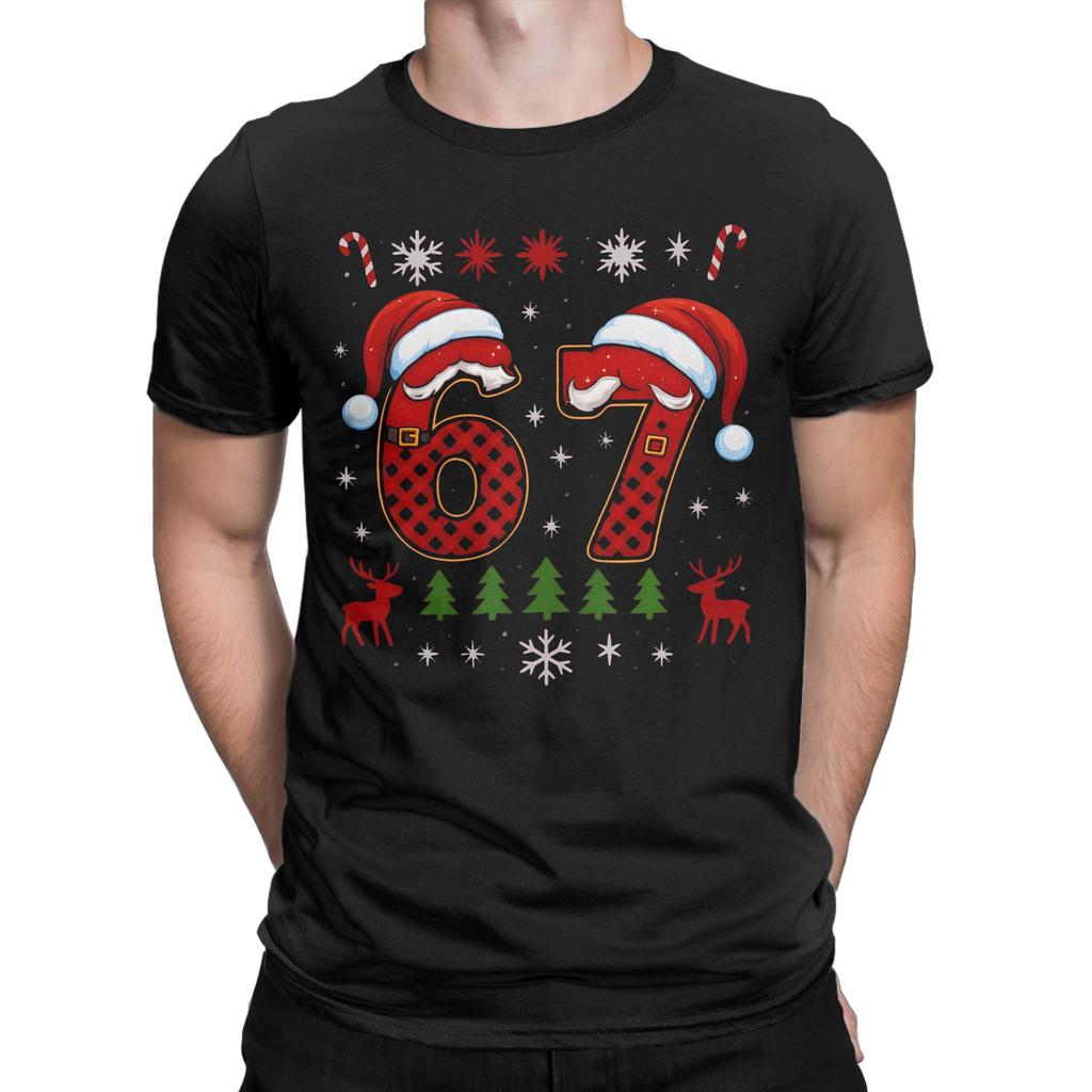 Funny 67 Six Seven Squad Meme Christmas Ugly T-Shirt Men Pure Cotton Tee Shirt Round Neck Short Sleeve T Shirt Gift Idea Clothes