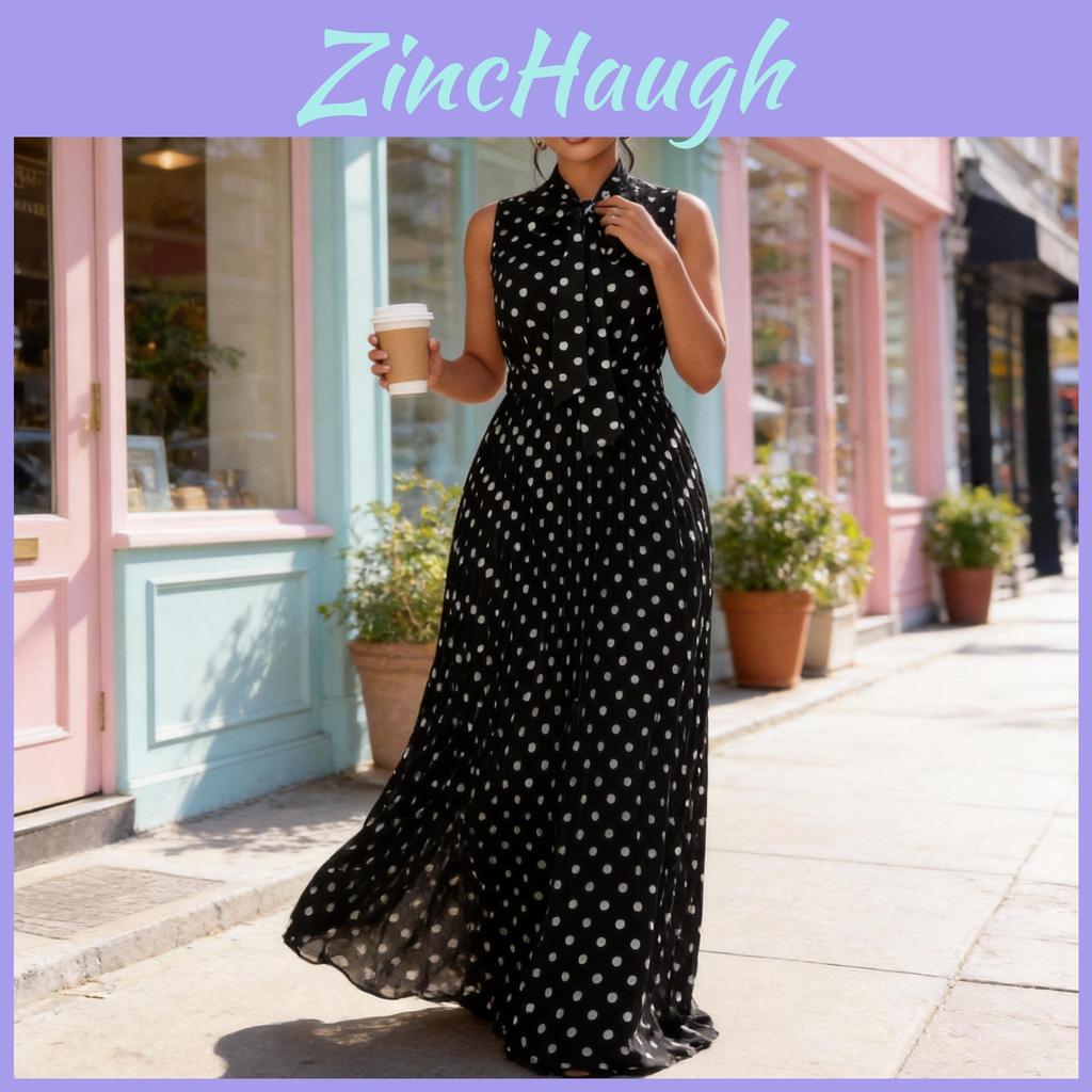 Elegant Polka Dot Sleeveless Tie Front Dress For Summer Travel And Casual Wear