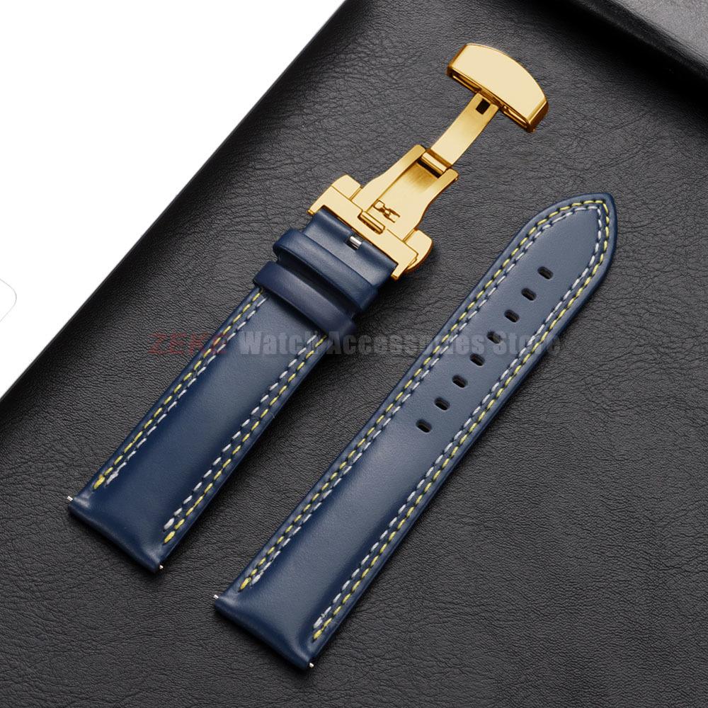 Doppelt genähtes Echtleder Uhrenarmband 20mm 22mm 24mm Armband für Seiko Faltschließe Rindslederband für Omega Uhrenarmband