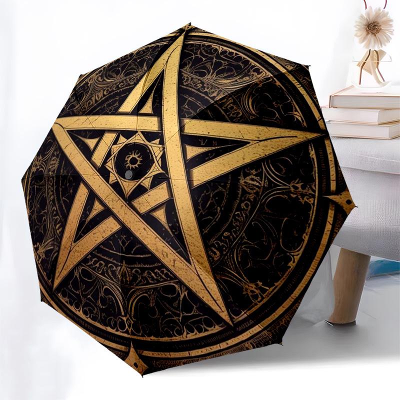 Golden Pentagram Symbol Tapestry Wall Hanging Decor Umbrella, Cute Umbrella with Cute Design, Portable 3-Fold Compact Umbrella for Men & Women, Valent
