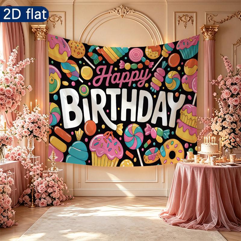 Gifts Candy Sweet Happy Birthday Party Banner, Multicolor Polyester Backdrop for Celebration & Photos