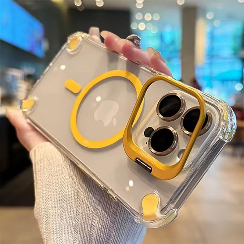 

Роскошные магнитные противоударные чехлы для телефона для iPhone17 16 15 14 13 12 Pro Max Plus 11 для Magsafe с защитой линз из стекла, чехол-подставка iPhone 17 Air жёлтый