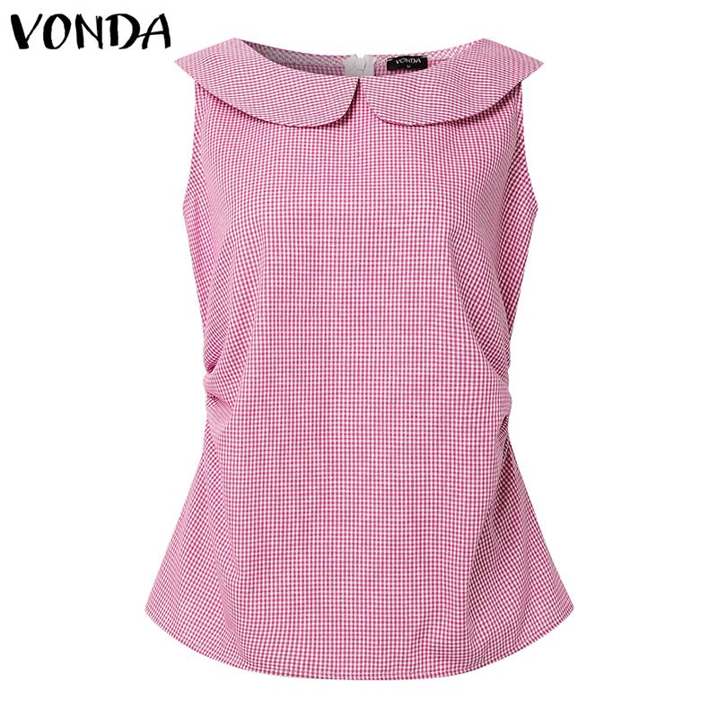 

VONDA Women Lapel Neck Sleeveless Plaid Casual Twisted Side Tank Tops 5XL темно-розовый